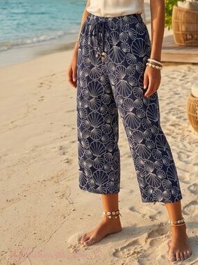 Shell print pants Cynthia Rowley Navy Cropped Wide-Leg Pants NEW